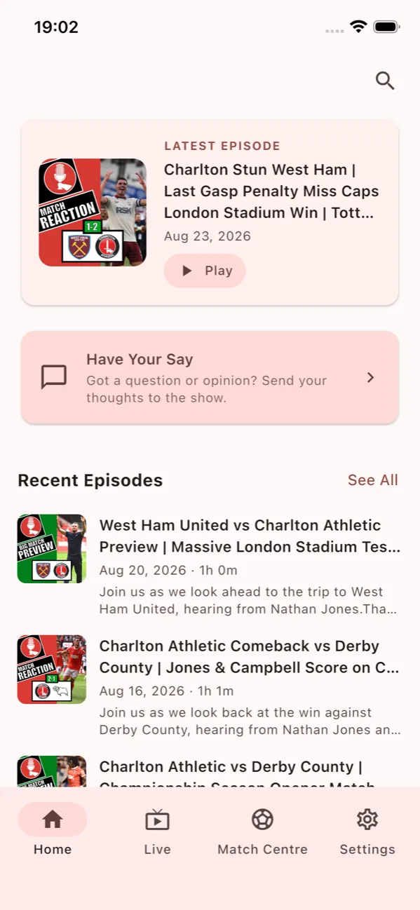 The Charlton Live app showing the latest episode and recent shows